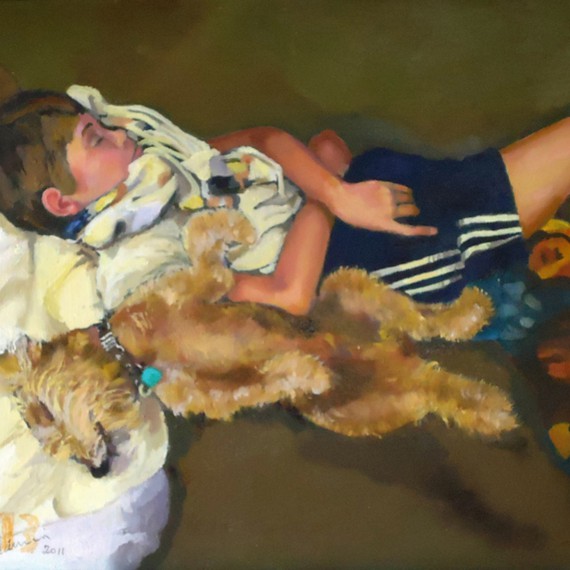 Cousin Simon and Dog Sleeping 10" x 8" Oil Painting from Photograph by Alan Blavins