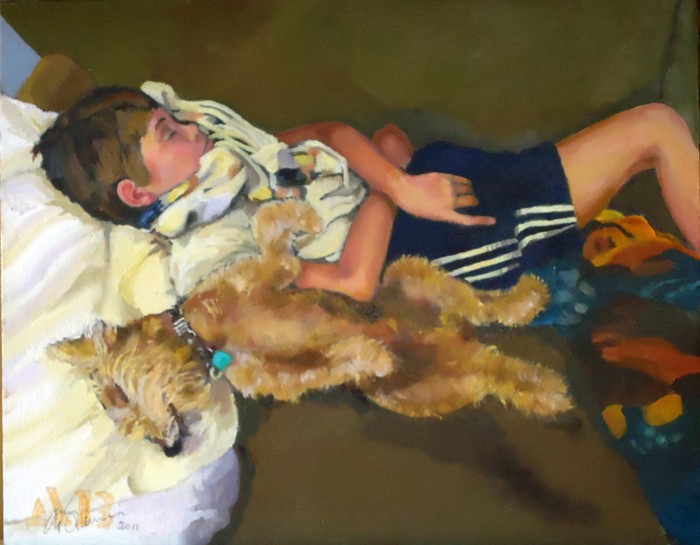 Cousin Simon and Dog Sleeping 10" x 8" Oil Painting from Photograph by Alan Blavins